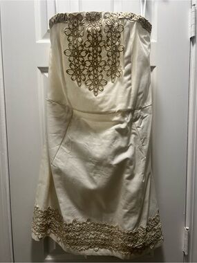 Strapless Cream Dress with Gold Lace Trim Size Large